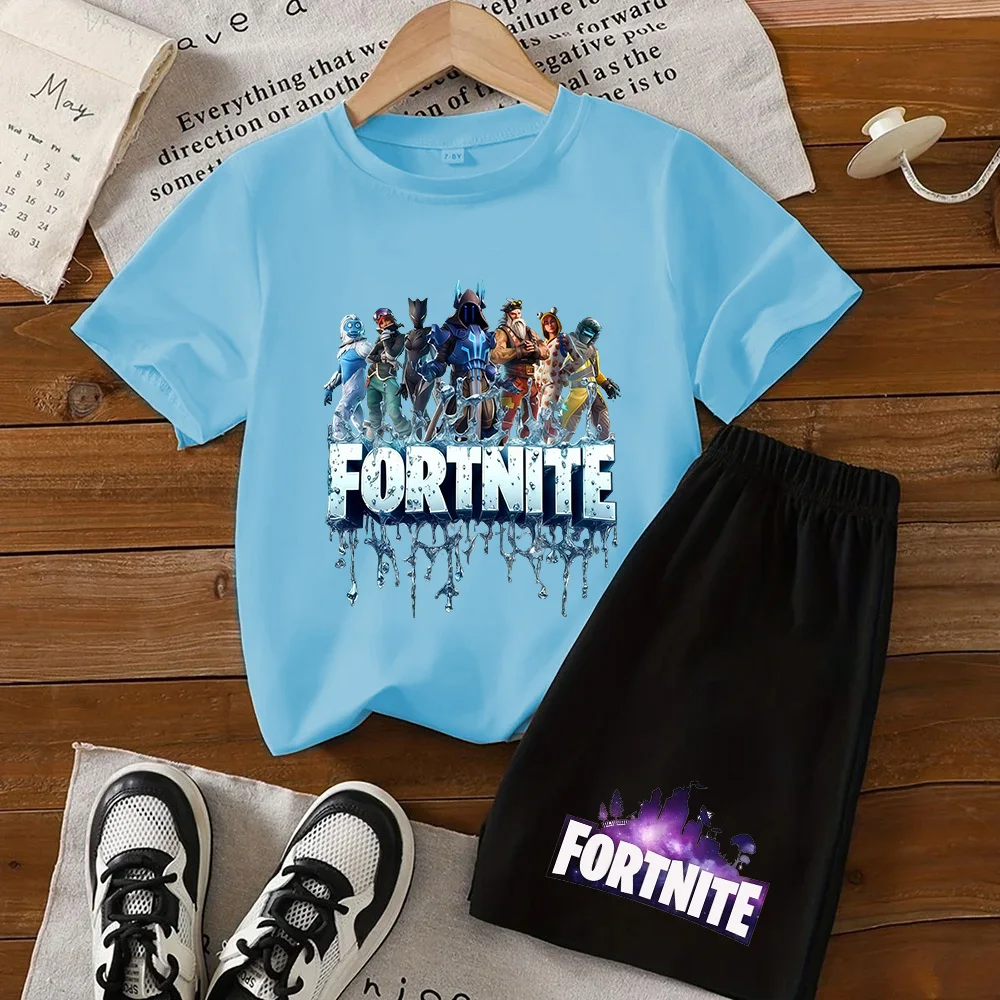 Summer Kids Game Fortnite T-Shirt Suit Anime Short Sleeve Shorts 2 Piece Summer Children Cotton Casual Sportswear Gifts