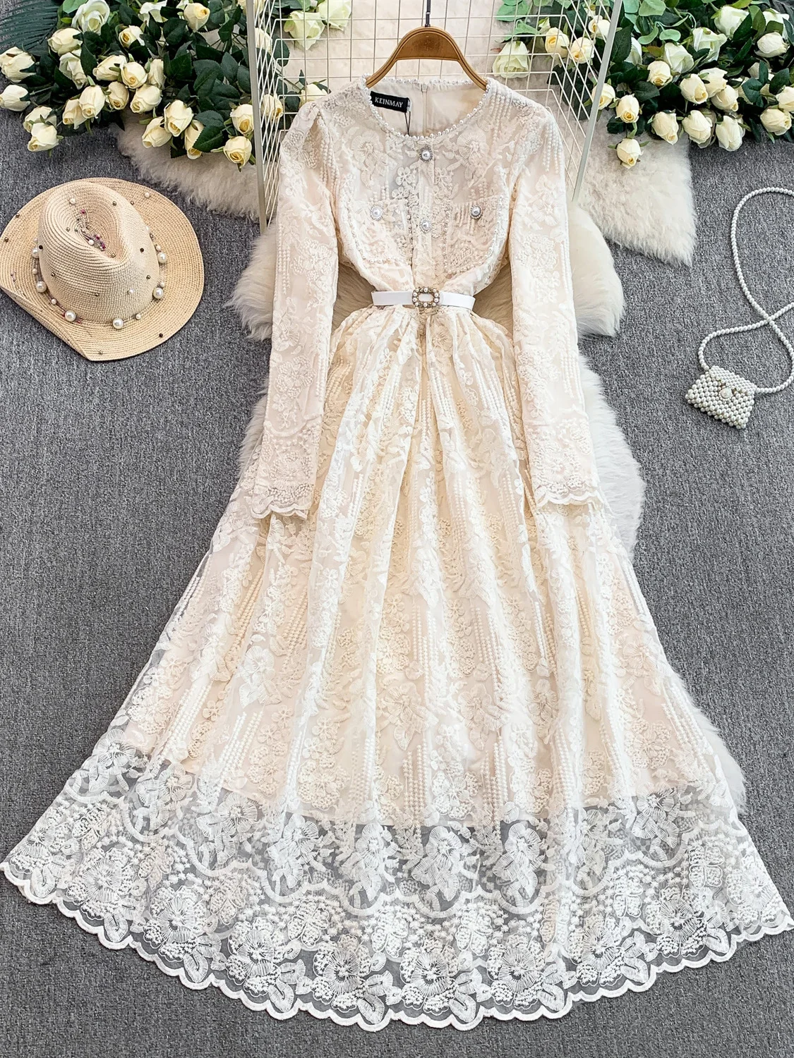 

Ele Long Sve круглый Ne вышитое платье с тяжелой вышивкой, тонкая вуаль, длинное платье, женское осенне-зимнее утягивающее платье