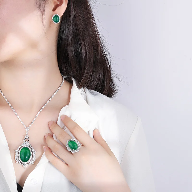 Jewelry Gold-Plated Internet Celebrity Hot Sale Retro Oval Green Chalcedony Plain Full Diamond Inlaid Set Main Stone