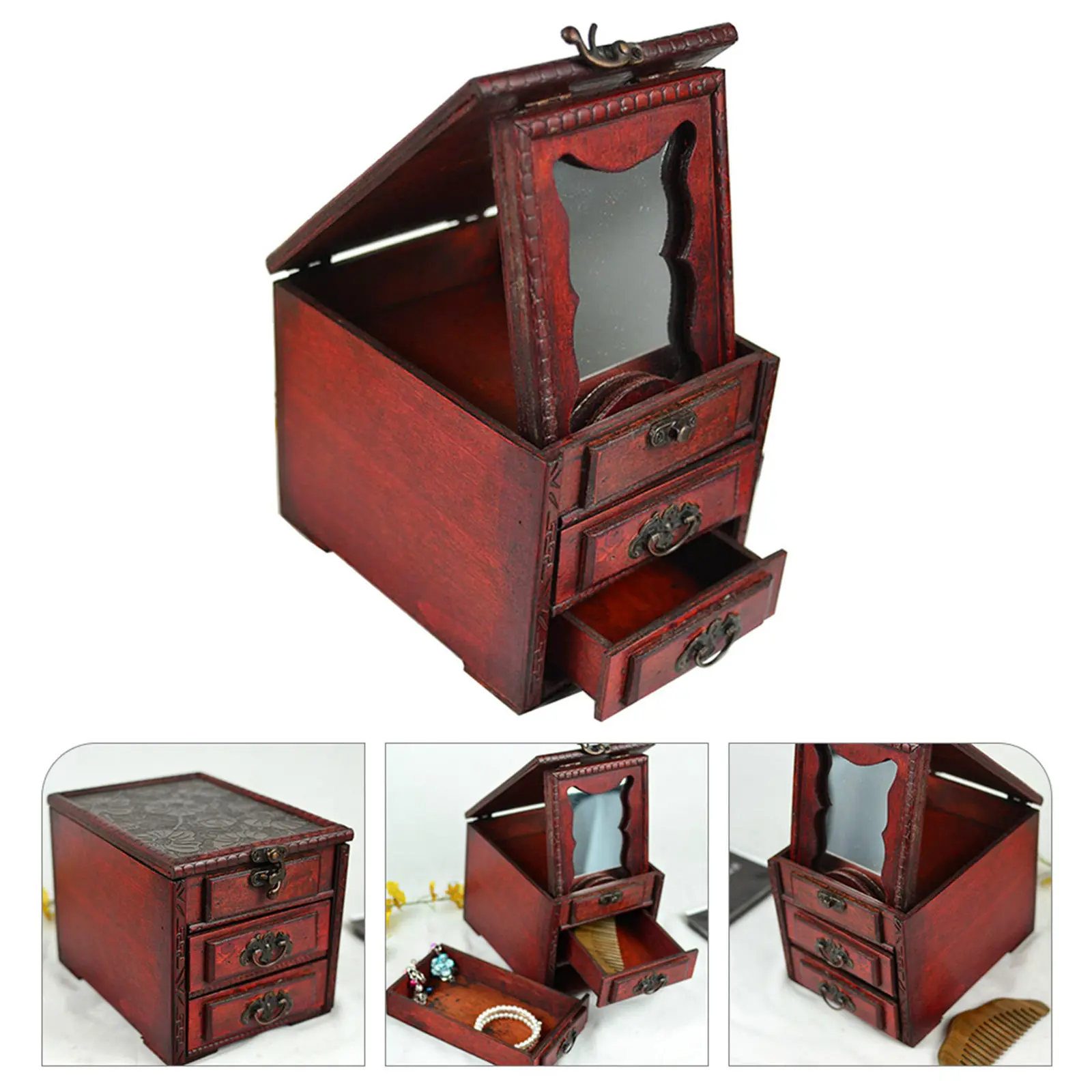 Wooden Jewelry Storage Box Chinese Traditional Style Mirror Top Organizer for Rings Necklaces Earrings Bracelets Anklets