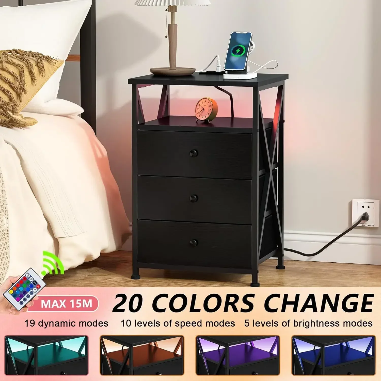 Nightstands Set of 2 with Charging Station, Black Nightstands Set of 2, Small Nightstands for Bedrooms Set of 2, Wood Bedroo