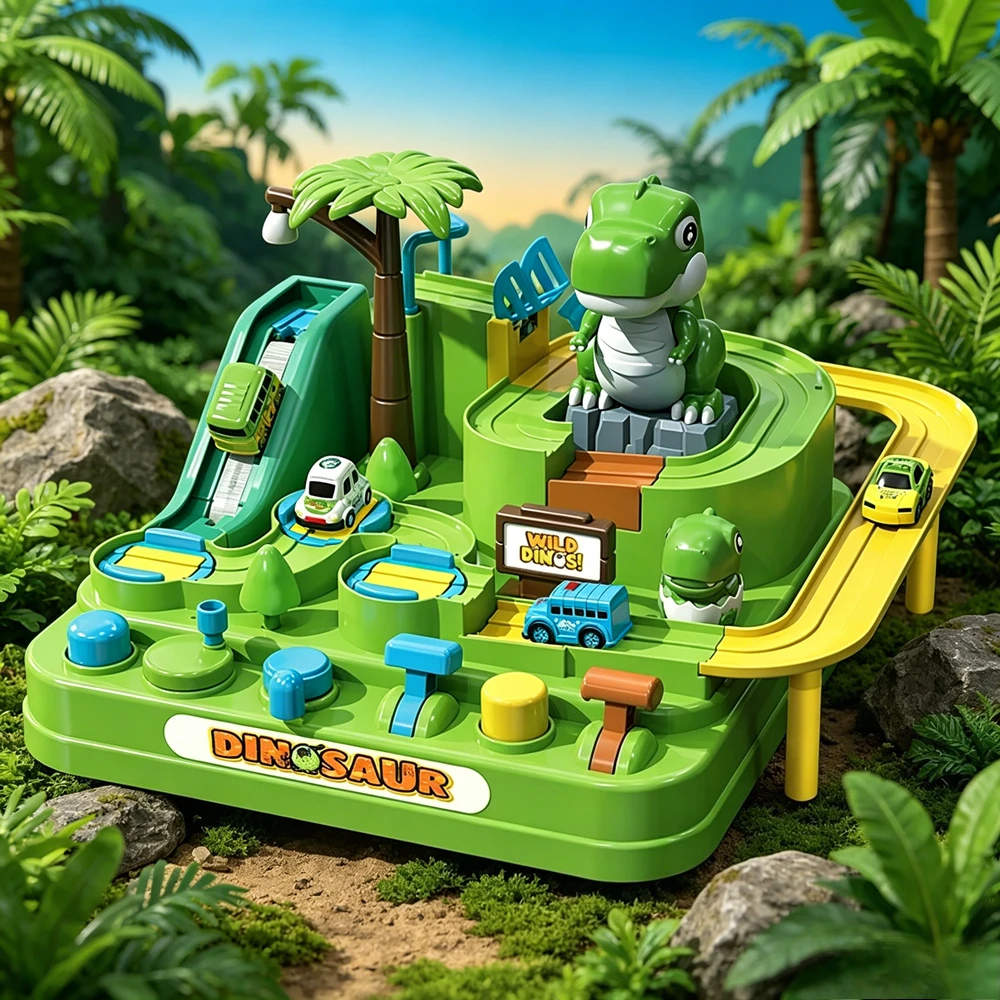 

Upgraded Dinosaur Jungle Crossing Level Track Game Manual Control Sliding Vehicle Rail Playset Fun Educational Driving Toy