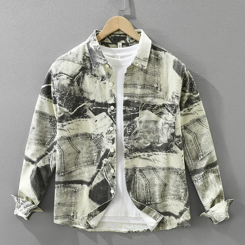 

2026 Spring Autumn New 100% Cotton Long Sleeve Fashion Men's Printed Shirts Soft Turn-down Collar Streetwear
