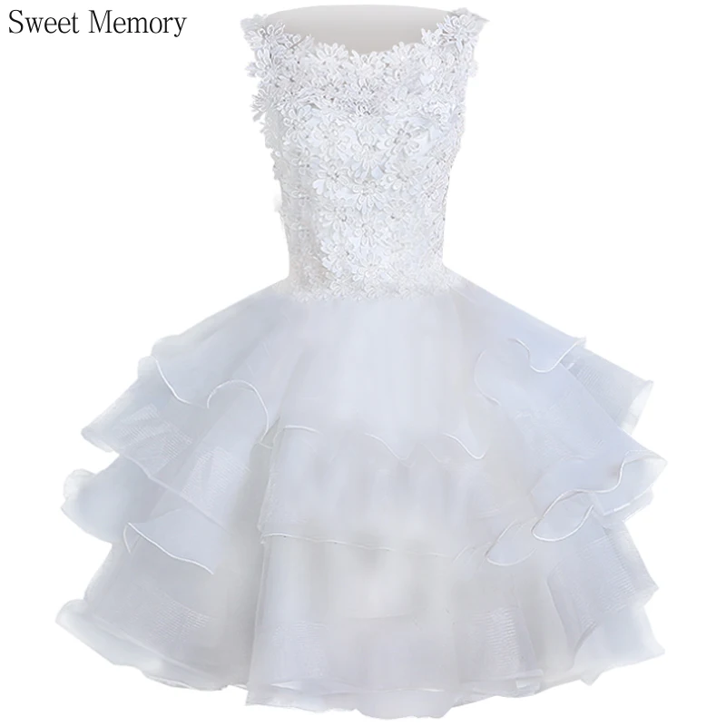 O10128 princesa vestidos de casamento curto noiva sem mangas na altura do joelho bolo em camadas vestido de baile para menina senhora vestido branco