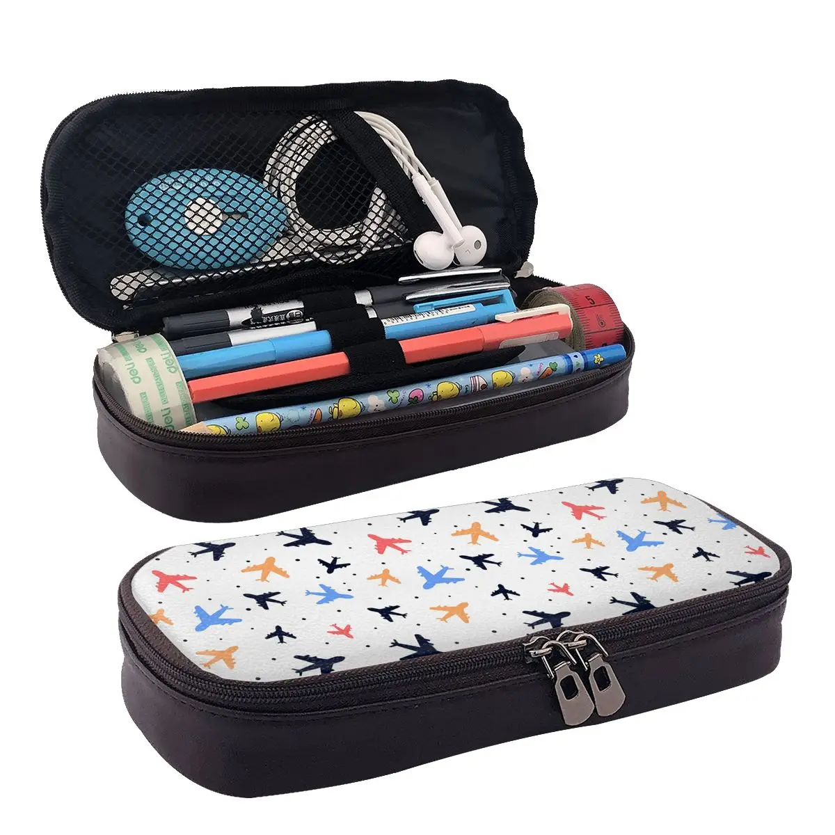 Random Airplanes Pattern Aviation Fighter Pilot Leather Pencil Case for Students Gifts Pen Box Pencil Bag Stationery Supplies