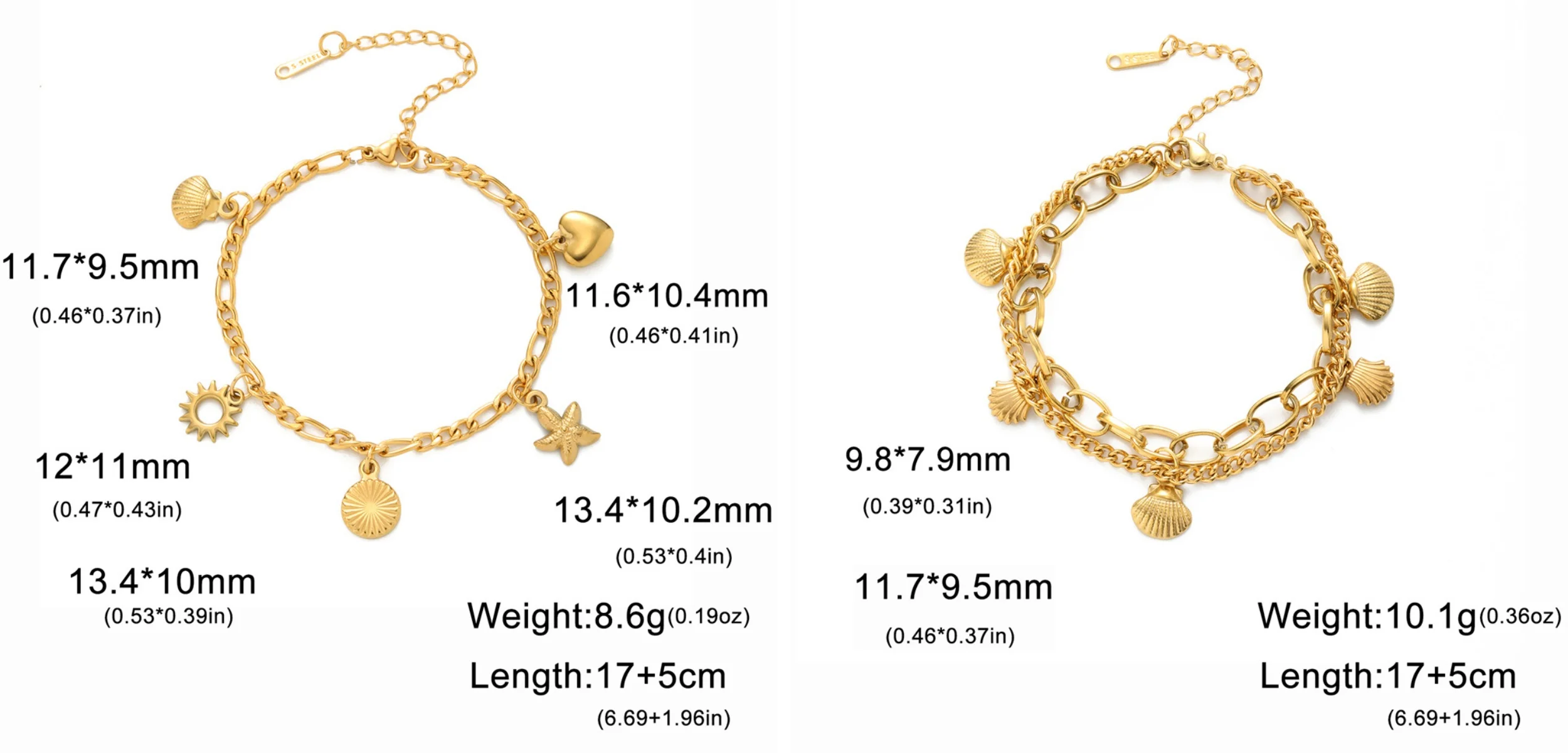 Kkjoy Mode Edelstahl Gold Farbe Doppel Schichten Shell Armband Für Frauen Herz Seestern Charms Schmuck Geschenk Für Frauen – Detail 12