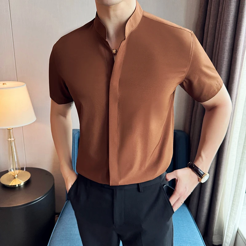 Chinese Style Standing Collar Short Sleeved Men Shirt 2024 Summer Solid Casual Elastic Slim Fit Shirt Fashionable Men Clothing