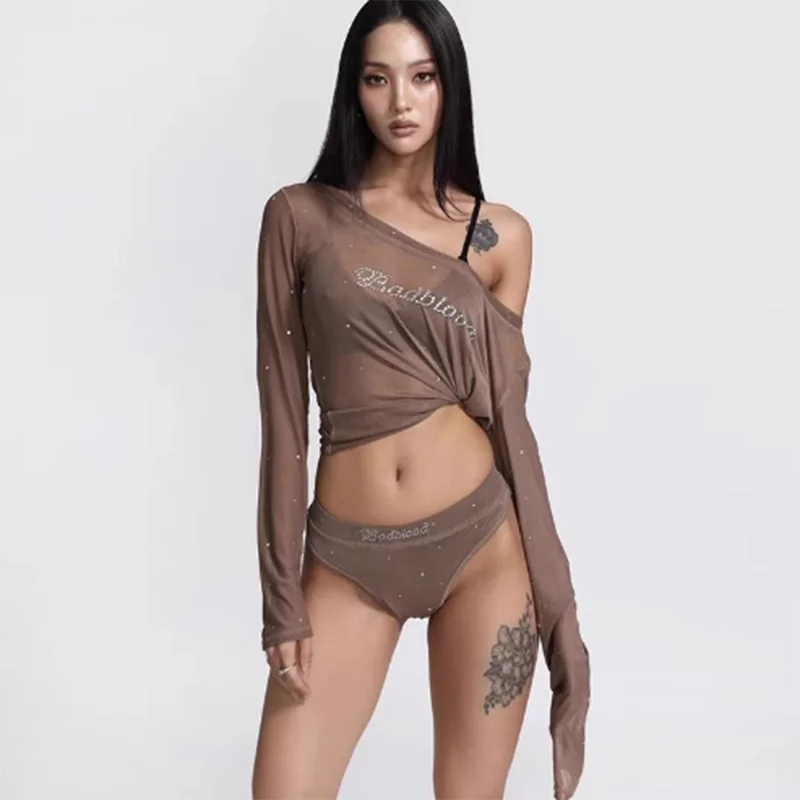 Hottie sexy see-through wear a line shoulder hot drill T-shirt Korean fashion brand gauze long sleeve clothes