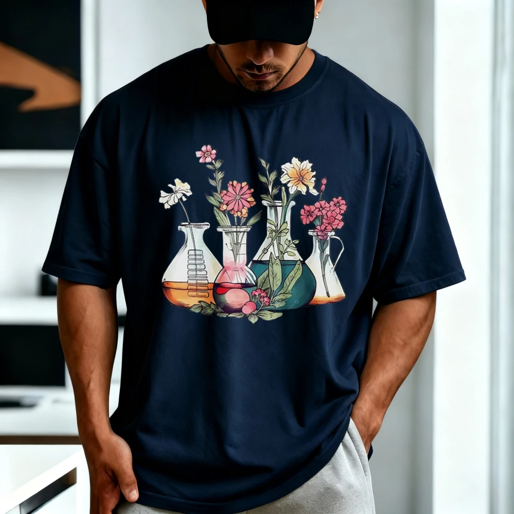 Floral Science Chemistry Scientist Laboratory Beakers Graphic Teacher Tshirt Casual Crewneck Short Sleeve Summer Cotton Tees