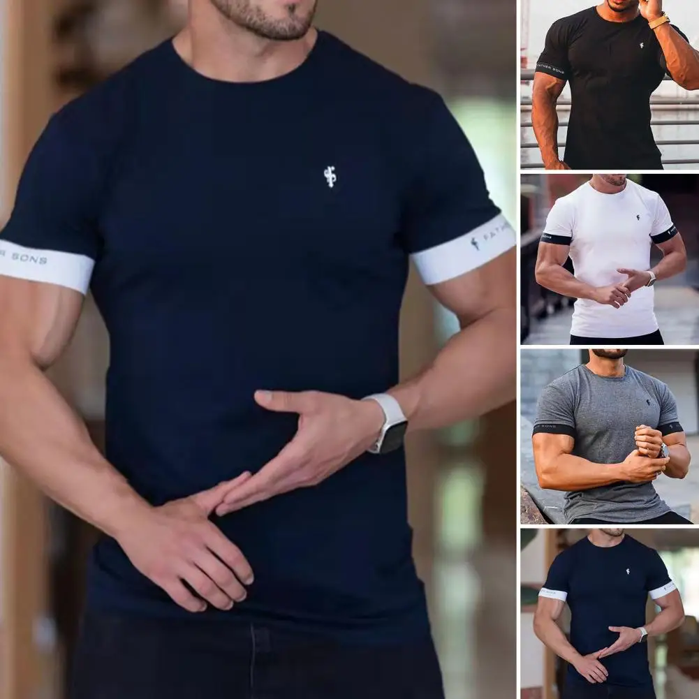 

Casual T-shirt Top Men Summer O Neck Slim Fit Contrast Color for Gym