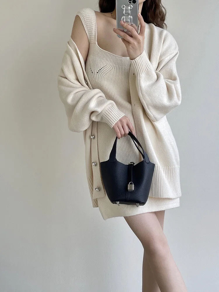 

Модные вязаные костюмы в корейском стиле, повседневный свободный кардиган + тонкий мини-свитер, платье, осенние женские теплые комплекты из двух предметов