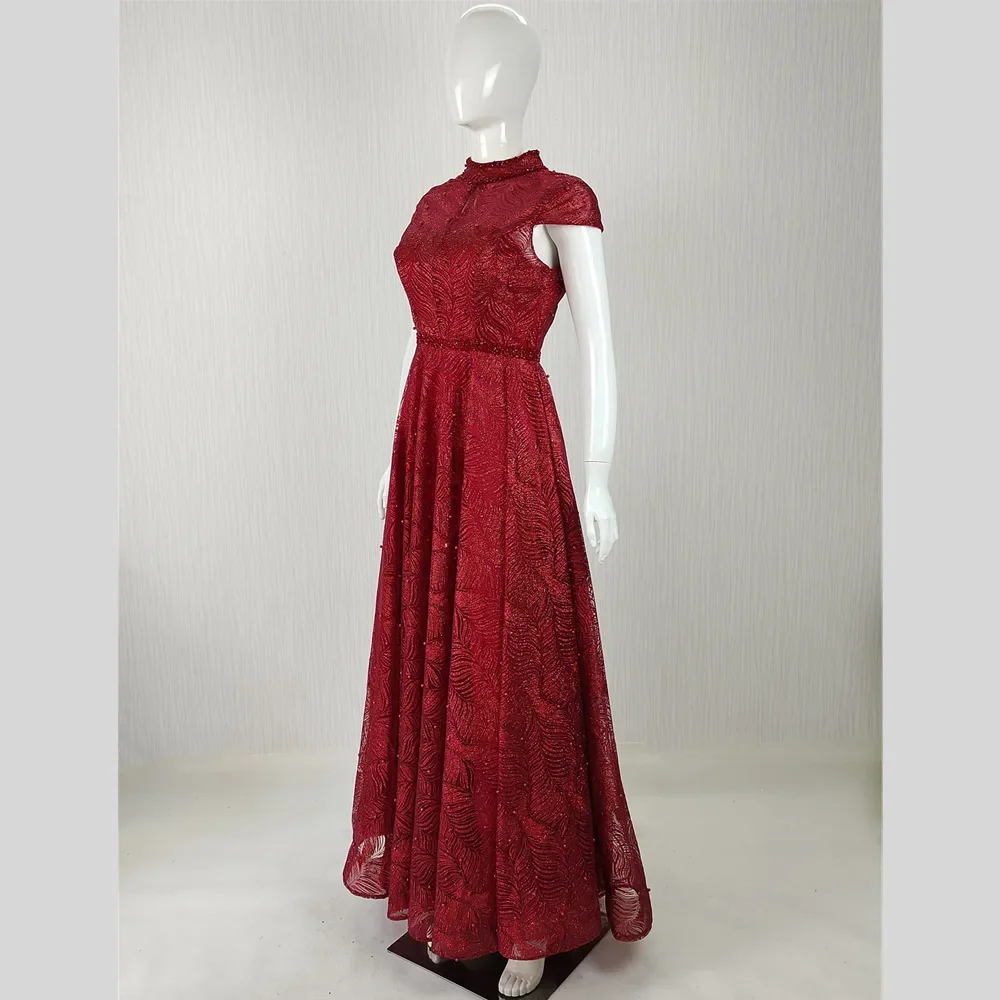 It's Yiiya Customized Real Photo Evening Dress Wine Red Beads High Collar A-line Floor Length Plus size Woman Party Formal Gowns