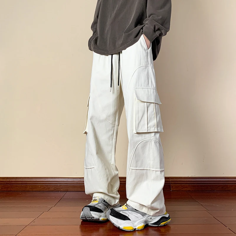 

Cotton Cargo Pants Men Retro Pocket Beige Casual Pants Men Japanese Streetwear Hip-hop Loose Wide Leg Pants Mens Trousers M-3XL