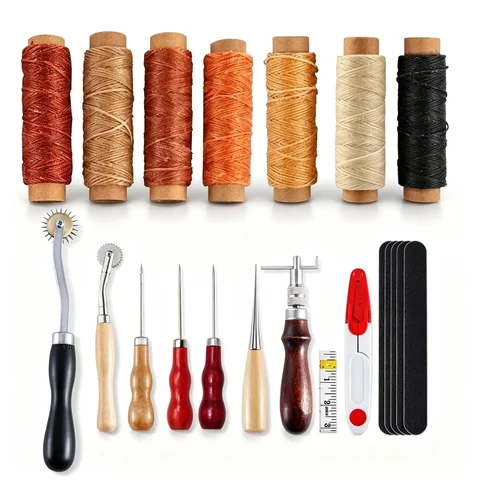 Leather Craft Working Tools Set with Waxed Thread, Sewing Awl, Tracing Wheel, Seam Ripper, Measuring Tape for DIY