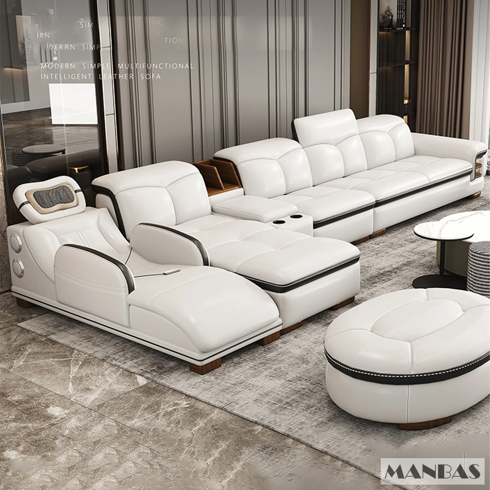 Luxury L-Shaped Genuine Leather Sectional Sofa with Bluetooth Speaker - MANBAS Living Room Italian Leather Couch with Massage