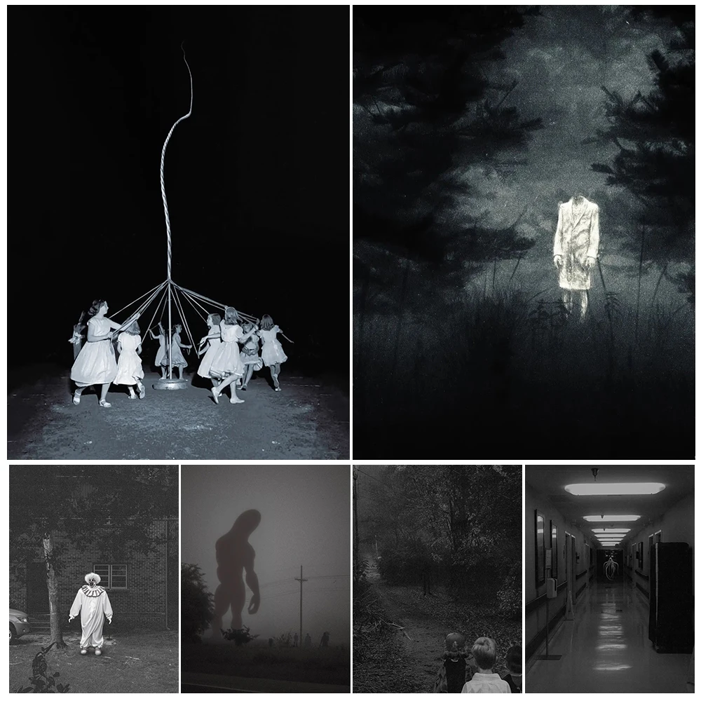 Horror Clow,Ghost In The Distance,Surreal Photography Wall Art Canvas Painting Creepy Photo Vintage Art Poster And Print Decor