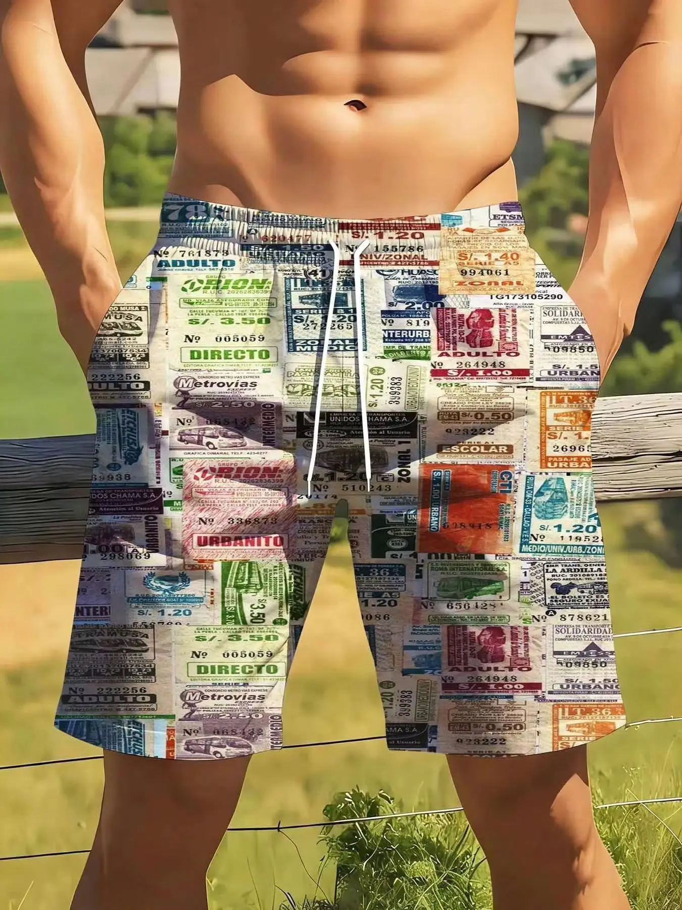 Mens Vintage Ticket Print Board Shorts Size Big