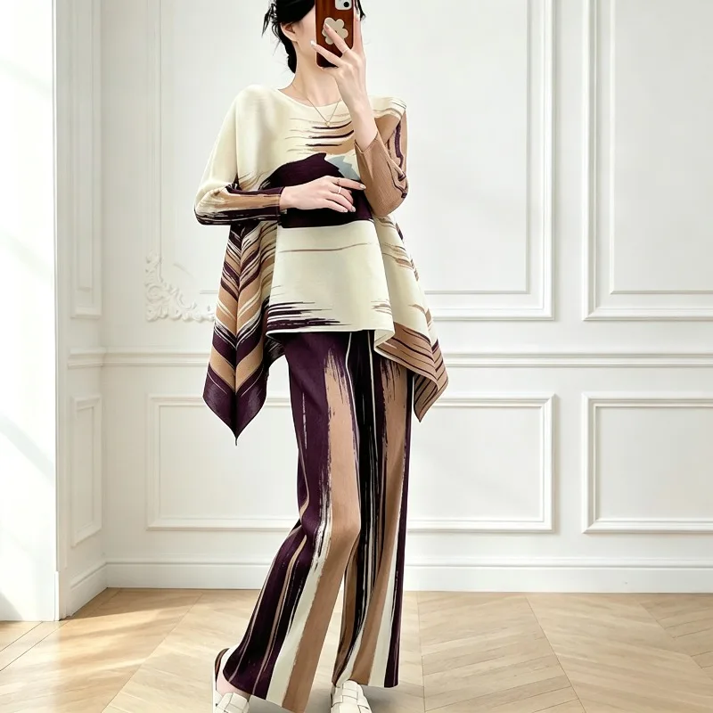 Miyake Pleated Pants Set 2026 Autumn New Long Sleeve T-Shirt Irregular Hem Top Straight Casual Draped Long Pants Women Clothing