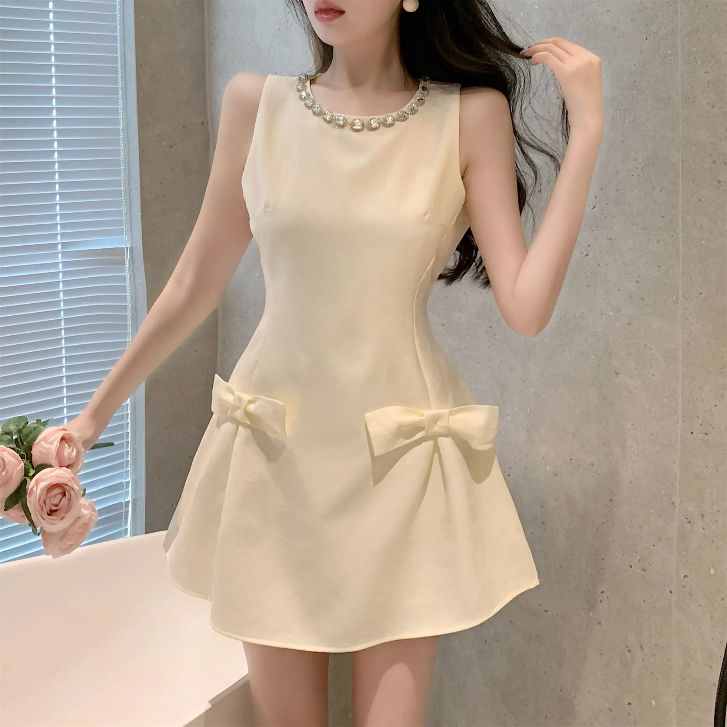 

Korejpaa Korean Fashion Summer Dress Elegant Bow Sleeveless Tank Dresses Women Diamond Round Neck Slimming High Waist Vestidos