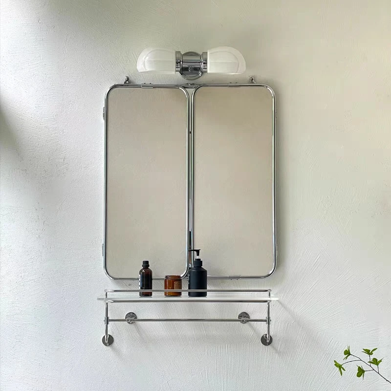 Three Fold Stainless Steel Bathroom Mirror Retro Wall Mounted Durable Large Makeup Mirror Household Simple Bathroom Accessories
