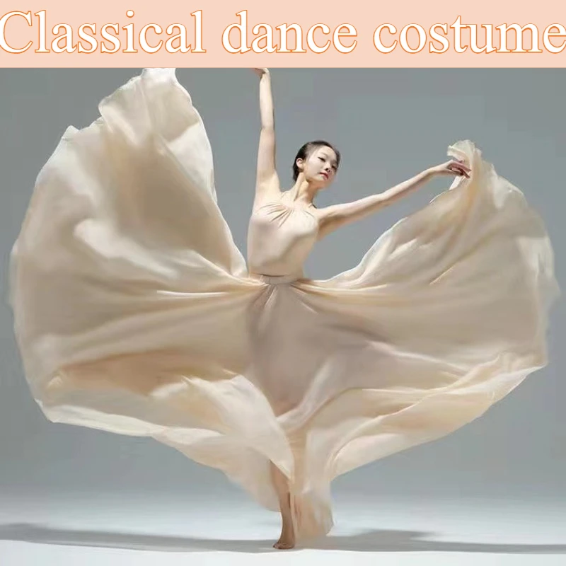 

720-degree Grand Classical Dance Performance Costume Chiffon Skirt Bright Red Square Long Dress Opening Dance Practice Clothing