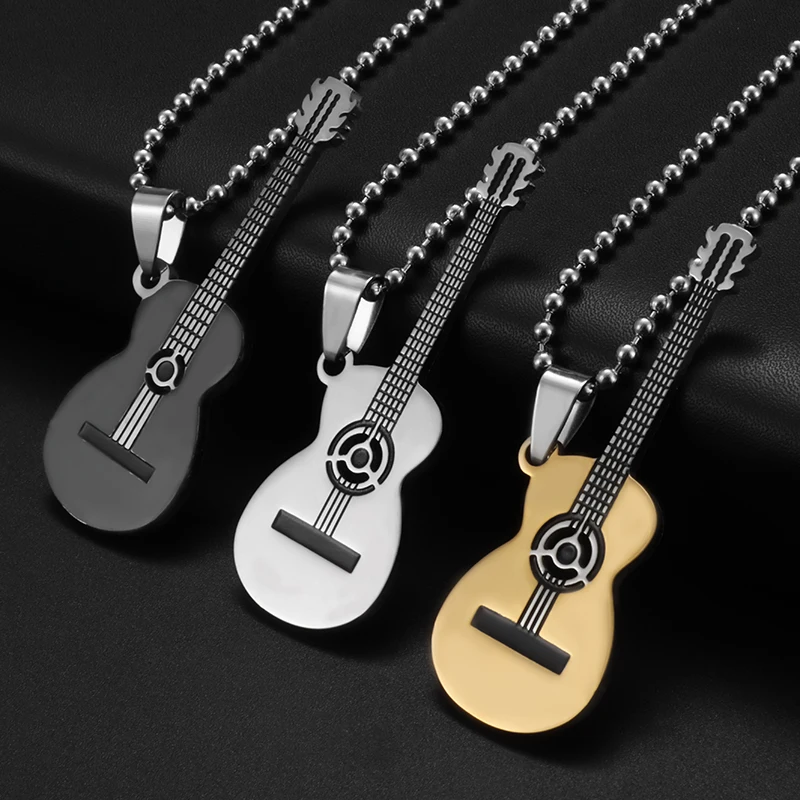 Exquisite Guitar Necklace Men\\\'s Stainless Steel Rock Electric Guitar Bass Pendant Necklace Hip Hop Music Style Personality Gift