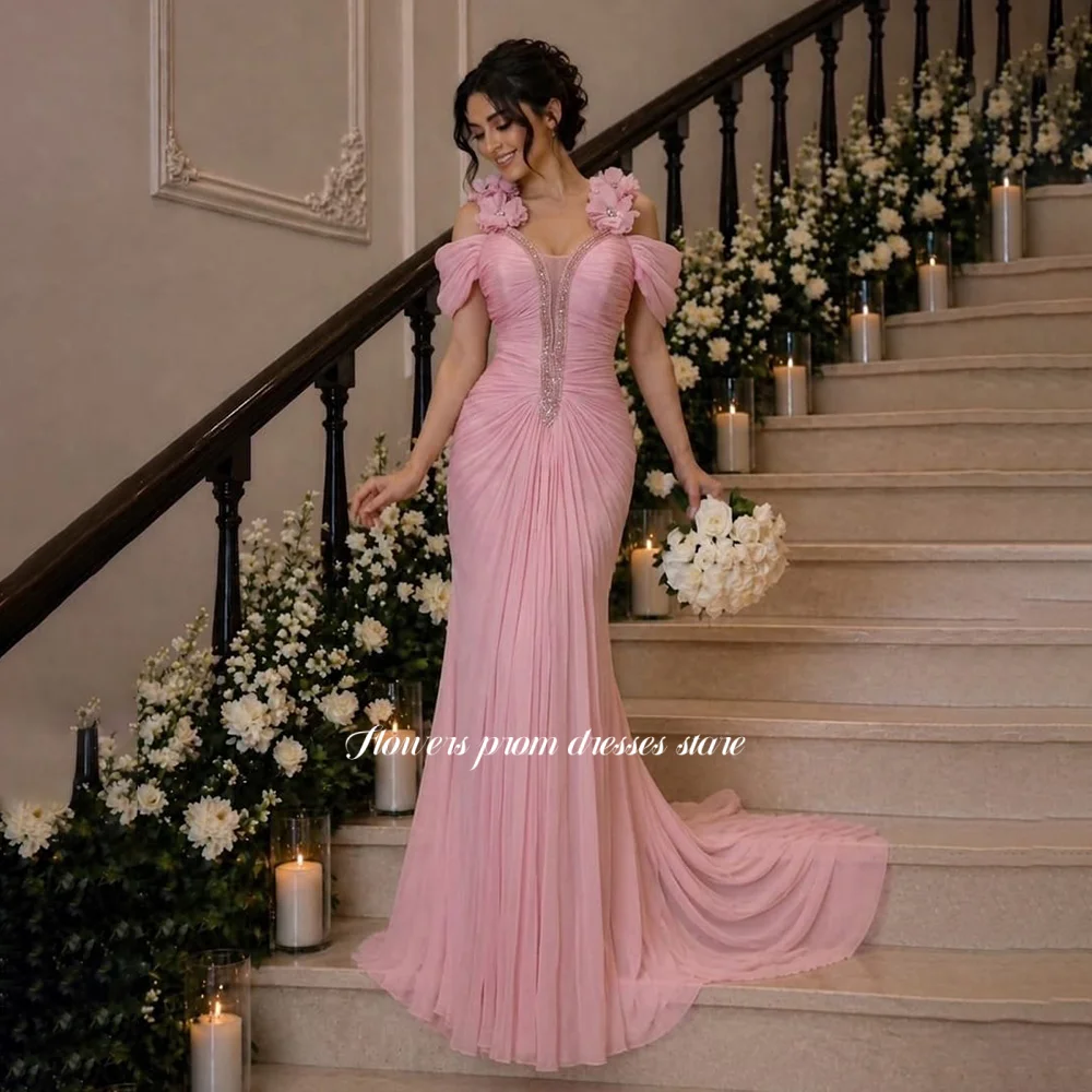 

Flowers Mermaid Prom Dress with 3D Flowers Off Shoulder Party Dresses with Beads Pink Celebrity Dress Robe De Soirée Customized
