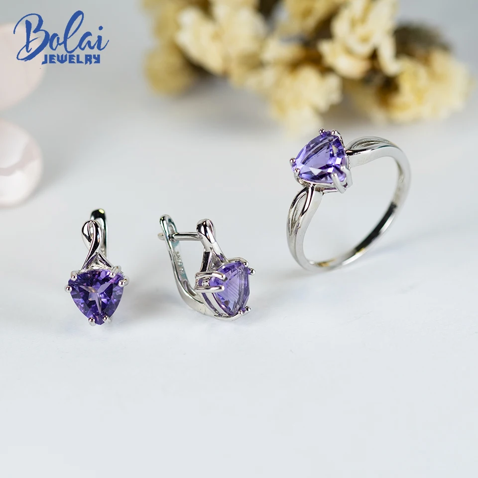 

Bolai 925 Sterling Silver Natural Amethyt Jewelry Sets Kits Earrings Ring 8.0mm Gemstone for Woman Wife Party Best Gift 2022 New