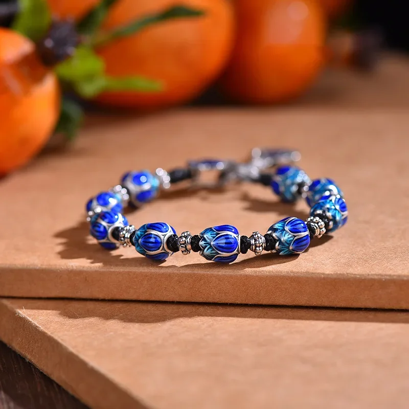 925 Silver Blue Enamel Charm Bracelet for Women Creative Exquisite Lotus Vintage Braided Bangles New in Originality Jewelry Gift