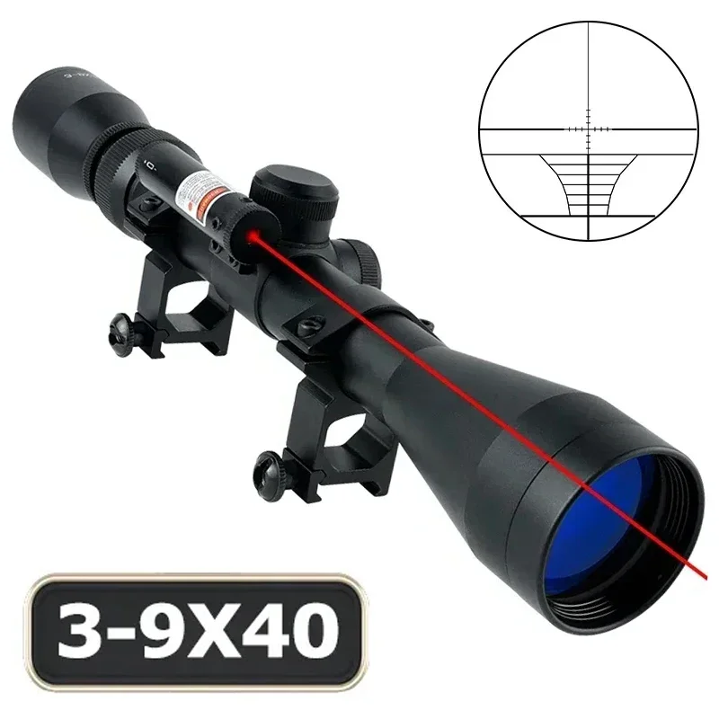 

3-9x40 Tactical Scope with Laser Hunting Shooting Rifle Scope Optical Sight Adjustable Telescopic Riflescope Airsoft Scopes