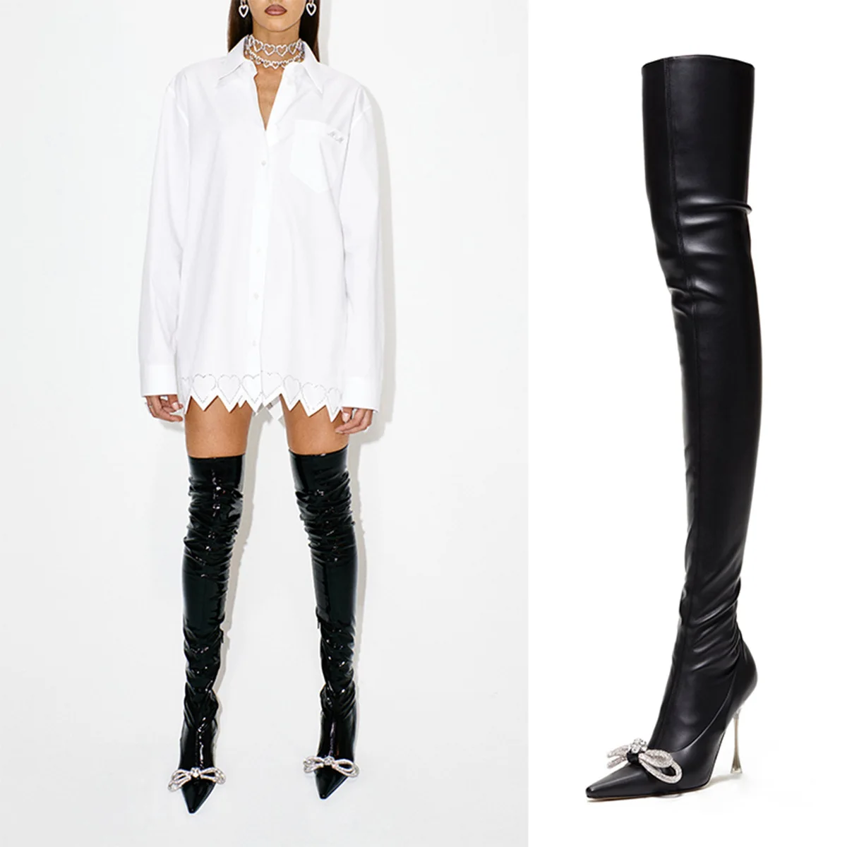 

Carpaton Pointed Toe High Heel Over the Knee Boots Crystal Butterfly-knot Thigh High Boots Black Stretch Leather Shoes