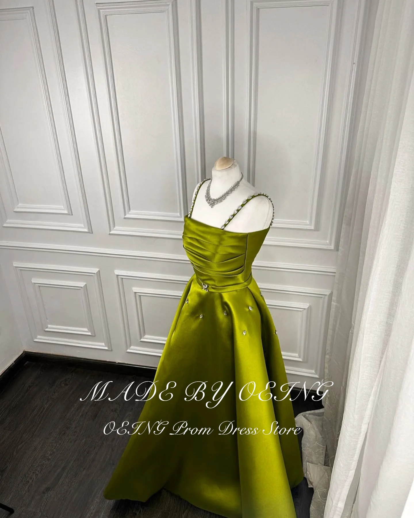 OEING Green A Line Prom Dress Elegant Crystal Straps Pleated Long Evening Dresses Formal Occasion Gown Vestidos Para Mujer 2024