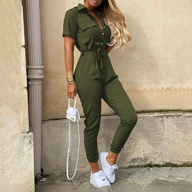 Mono de talla grande con cinturón, pantalones largos de cintura alta, ropa de trabajo para mujer, pantalones informales de fibra tejida con cuello vuelto