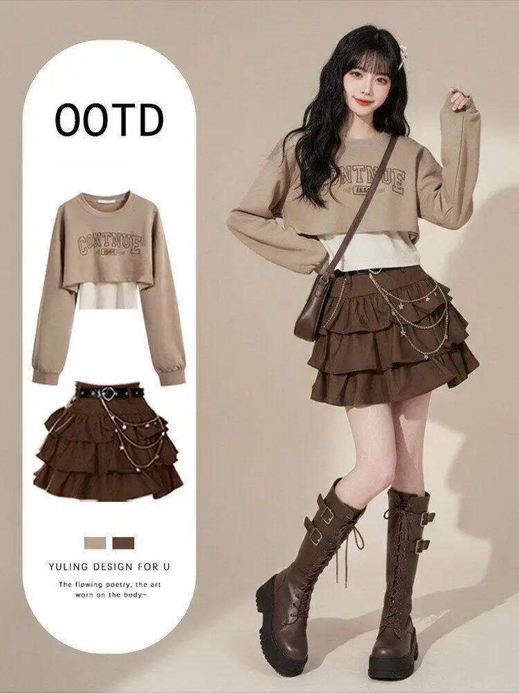 

Korean Sle Letter Print Sweater And Puffy Skirt Set High Waist Slimming ort Skirt Fake Two-Piece Casual Spring Faion Wo...