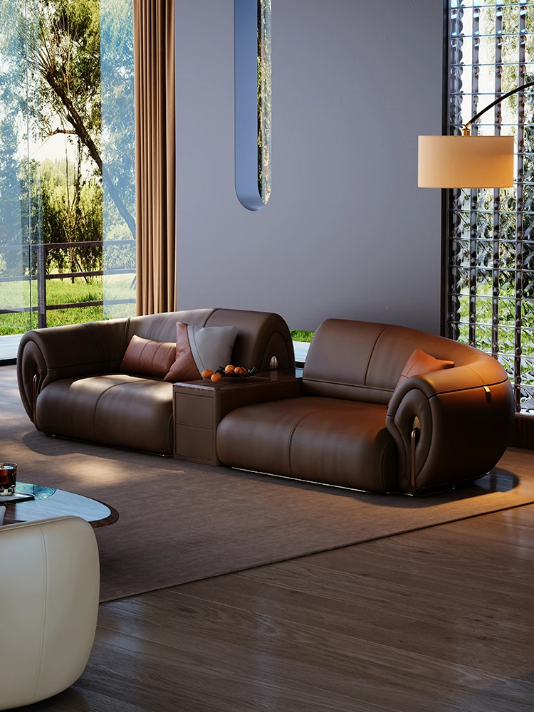 Leather sofa Italian minimalist flat floor villa living room designer light luxury straight row sofa