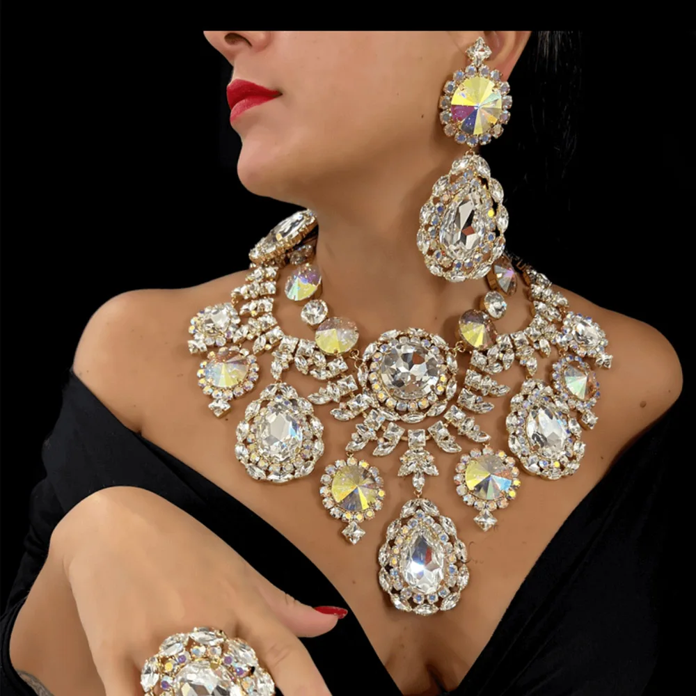 CUIER Round Glass Huge Pendant Necklace Earring Ring for Women Wedding Night Club TV Show Exaggerated Jewelry Set For Drag Queen
