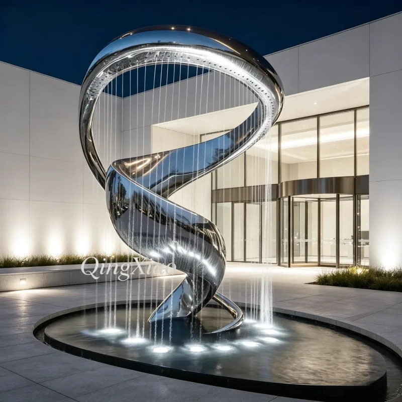 Spiral Twisted Ring Cable Water Curtain Sculpture Polished Stainless Steel Water Feature Custom For Modern Hotel Indoor Garden