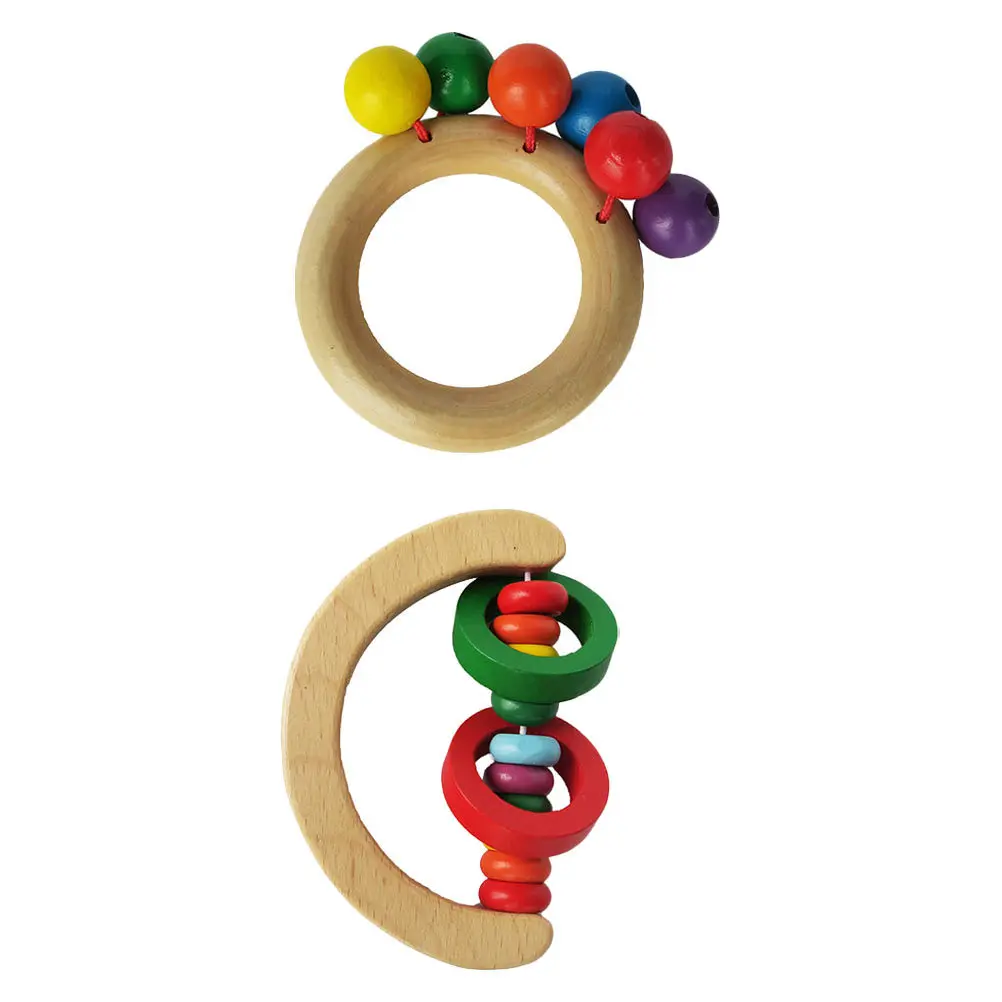 2 قطعة خشخيشة خشبية ملونة الطفل Handbell ألعوبة تعليمية مبكرة للتطوير الحسي للرضع والتنسيق بين اليد والعين