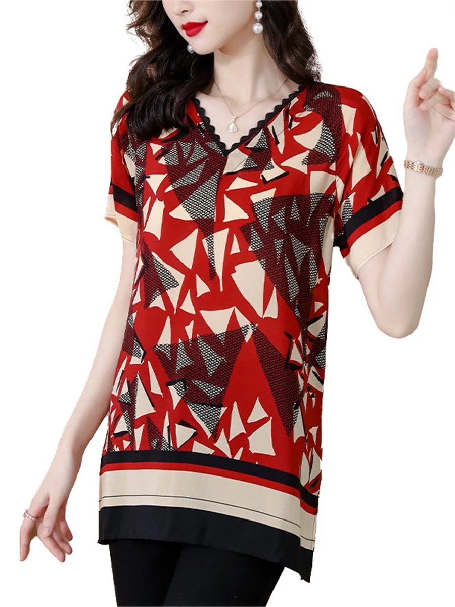 

5XL Loose Women Spring Spring Summer Shirts Lady Fashion Casual Short Sleeve V-Neck Collar Printing Red Blusas Tops CT0567