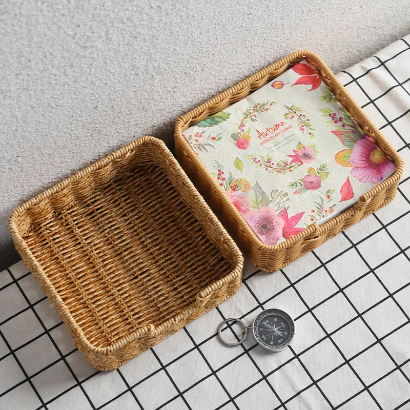 Napkin Holder Tray Plastic Rattan Square Tissue Organizer Woven Box  Table Paper Wicker Storage Bathroom Storage Basket