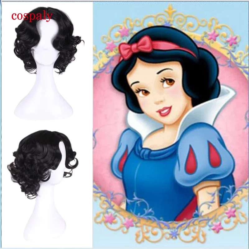 A Anime Snow White Princess Wig Body Wave Hair Heat Resistant Synthetic Costume Wigs Short Black Cosplay Child