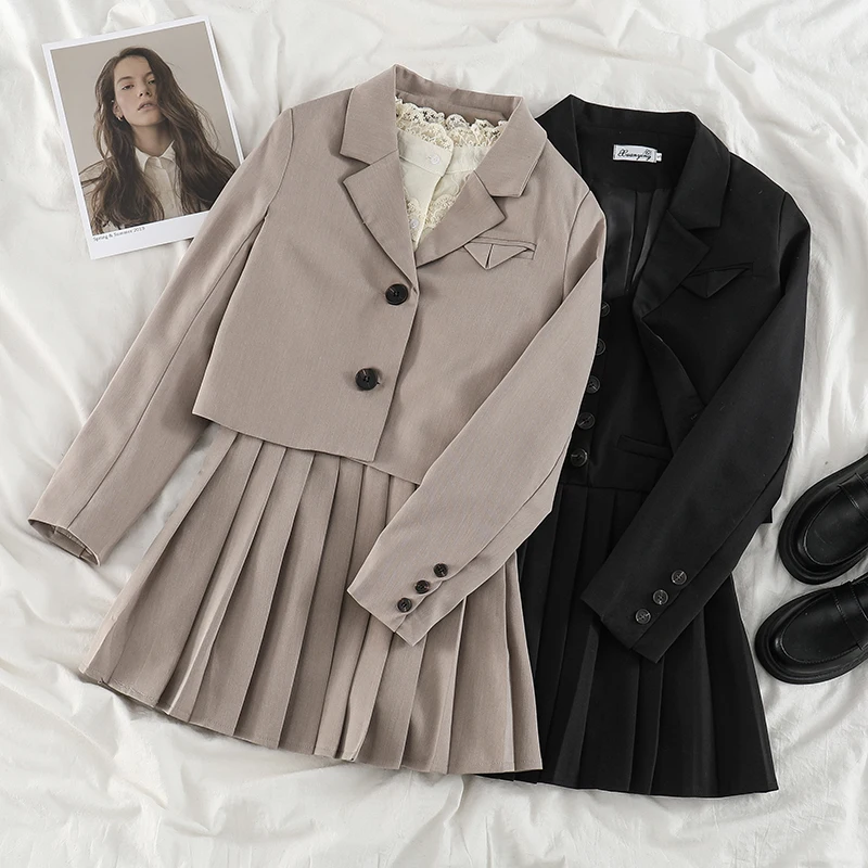 College Style Short Suit Jacket Female 2021 Spring and Autumn New All-match Jk Uniform Retro Three-piece Suits Long-sleeved Top