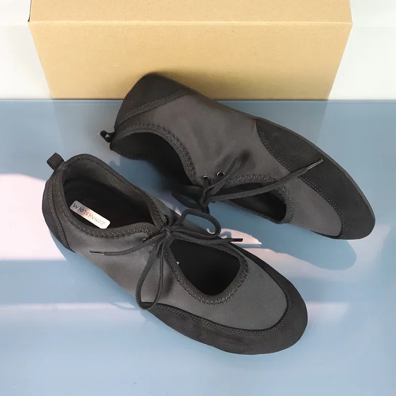 Black Lace-Up Women\'s Ballet Flats Comfortable Soft Satin Fabric Round Toe Ladies Autumn Shoes Brand Leisure Female Footwear