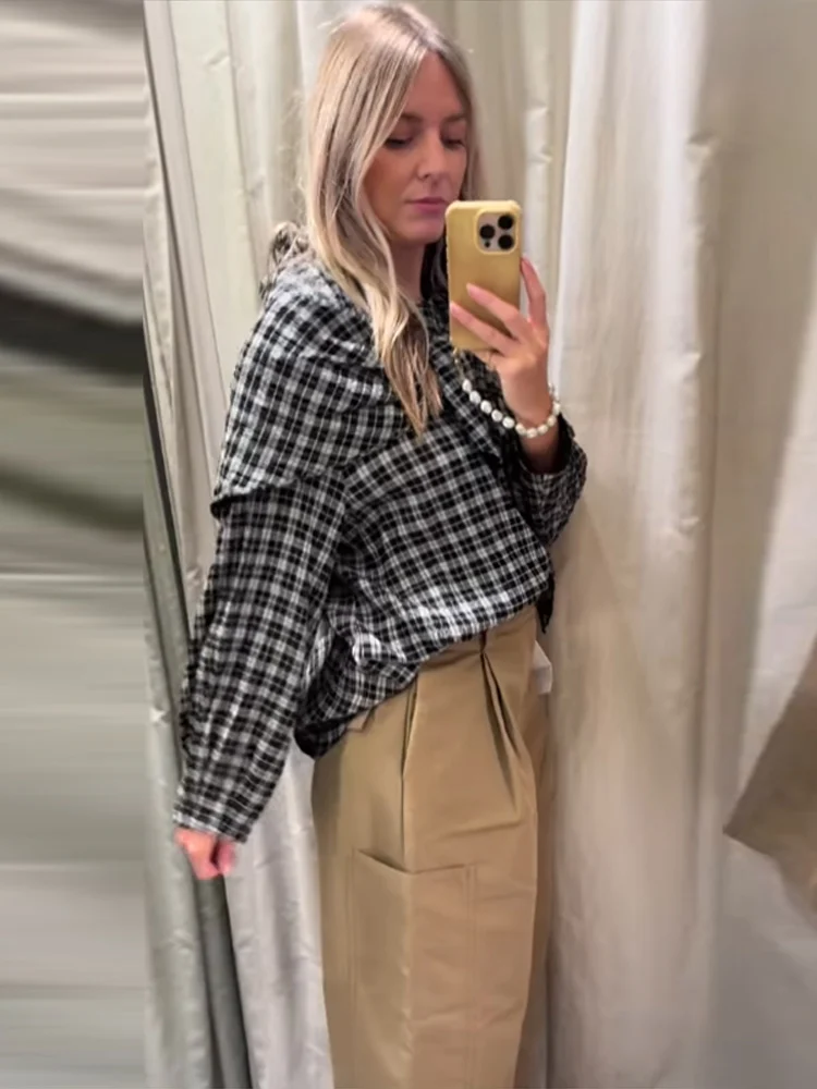 Irregular rendas até camisas femininas xadrez vintage o pescoço manga longa camisa oversize 2025 outono moda casual senhoras blusa