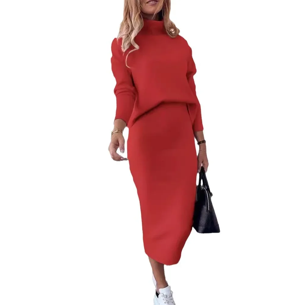 Casual Two Piece Sets Women Outfit Autumn Winter Long Sleeve Mock Neck Sweatshirt & Fashion New High Waist Skirt Set