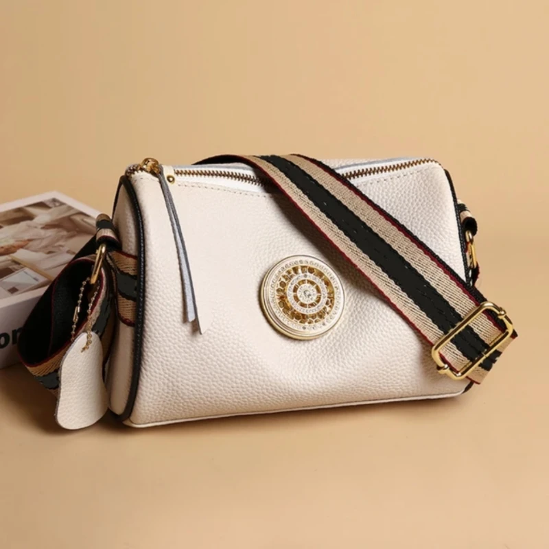 Genuine Leather Bag Women's 2023 New Simple Fashionable Wide Shoulder Strap Single Shoulder Layer Cowhide Popular Crossbody Bag