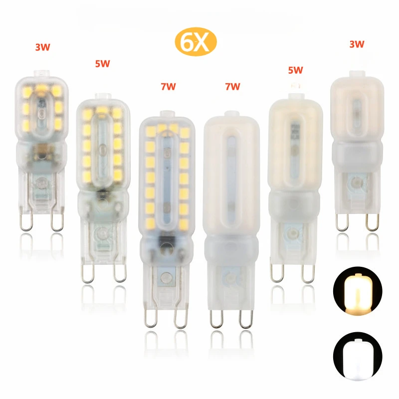 Mini bombilla LED G9 regulable de 6 piezas, luz de maíz 2835, 3W, 5W, 7W, luces para candelabro, 14, 22, 32LED, 220V, reemplazo de lámpara halógena de 20W, 40W, 60W