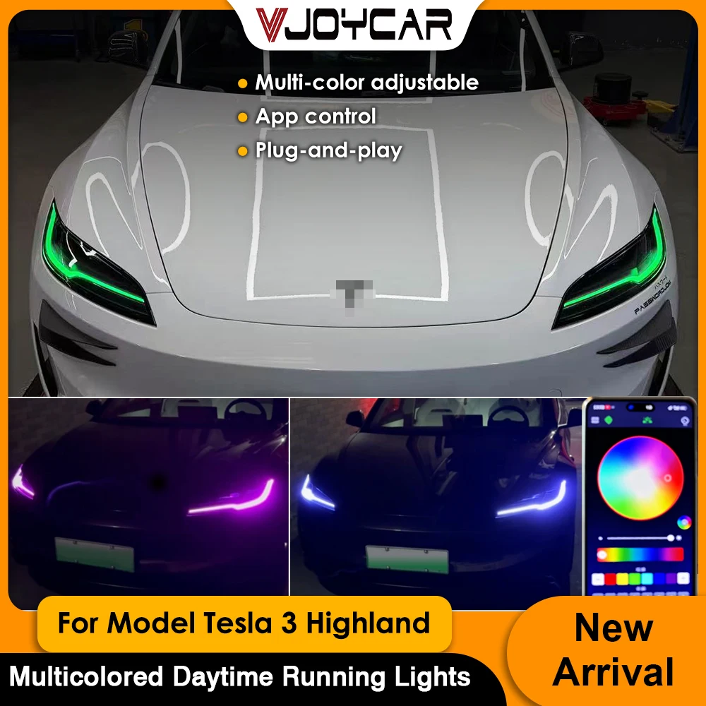 Feux de jour RVB personnalisés Vjoycar pour Tesla Model 3 Highland, feux de jour multicolores, étanches, commande par application