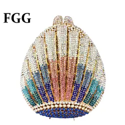 Boutique De FGG Shell Shape Women Colorful Crystal Evening Clutch Bags Wedding Bridal Rhinestone Purses Party Minaudiere Handbag