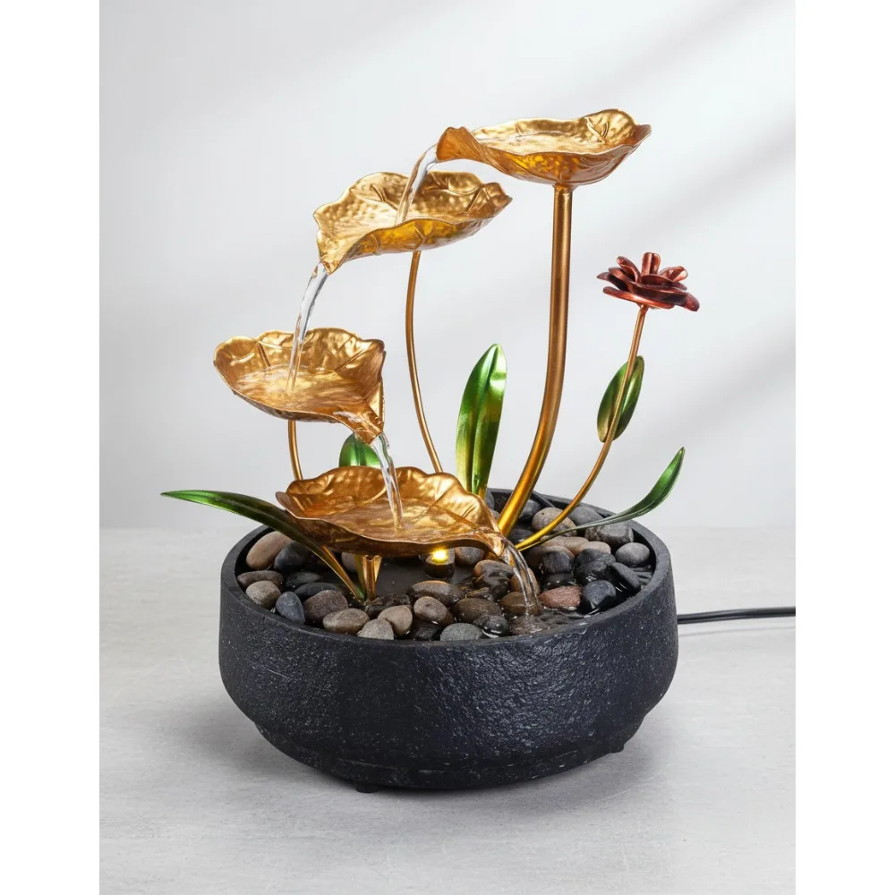 ميزة مياه زن على سطح الطاولة المعدنية لوتس مع ضوء دافئ لديكور المنزل والمكتب وأجواء الاسترخاء #1